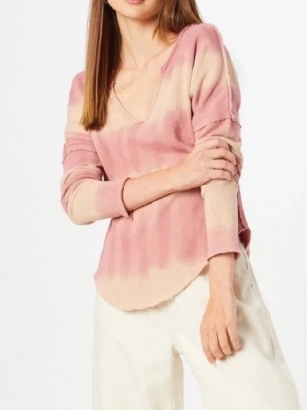 Free People Boho Pink Cream Striped Tie Dye V-Neck Slouchy Top M